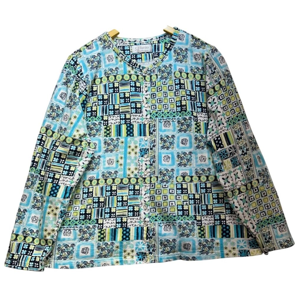 CJ Banks Women's Snap Front Cardigan Sweater Long Sleeve Multi Patchwork Stretch